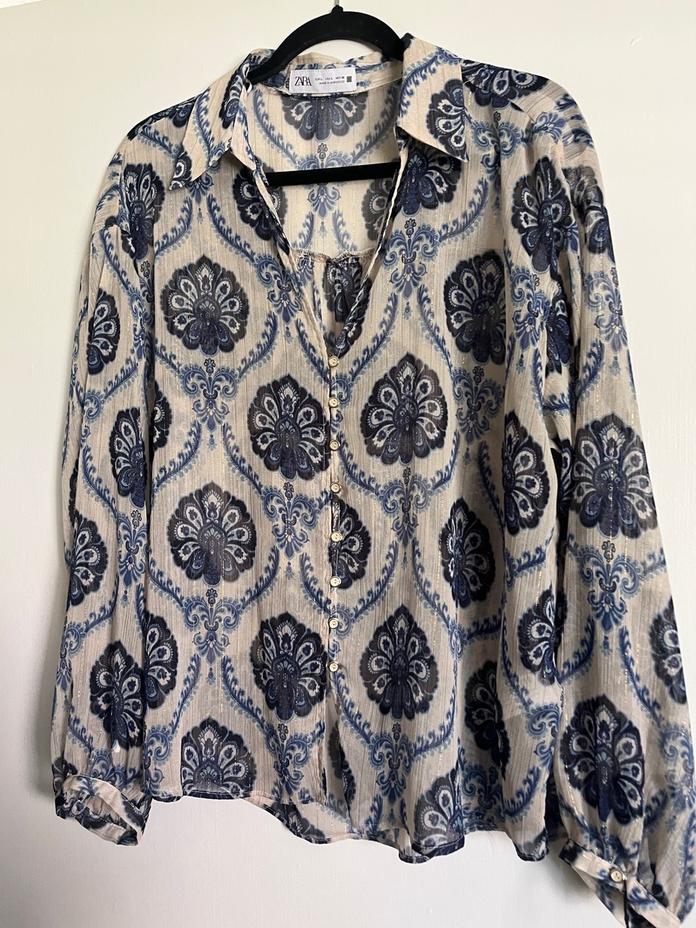 Zara Cream and Blue Paisley-Print Button Blouse